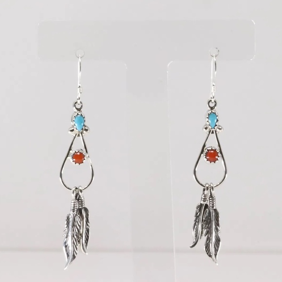 Native America Navajo Sterling Silver Coral & Turquoise Dangling Earring - Picture 2 of 4